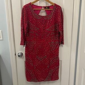 Sexy fully Beaded hot pink Dress size 10 Lotus Threads NewYork 3/4 sleeve